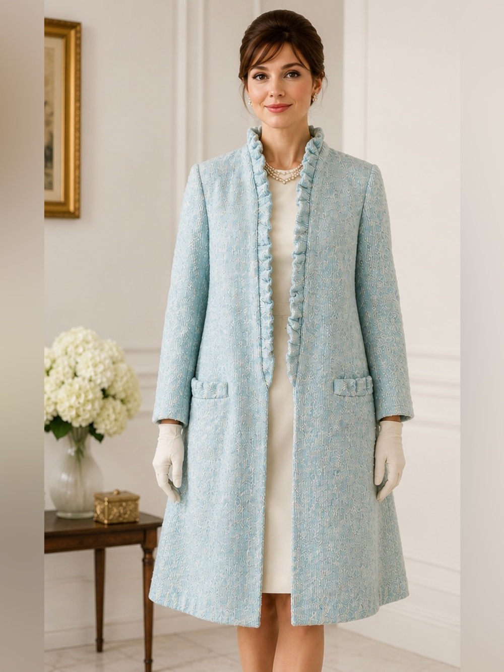 Anne Fogarty Boutique NY Vintage Blue Boucle Coat Ruffle Front 1960s
